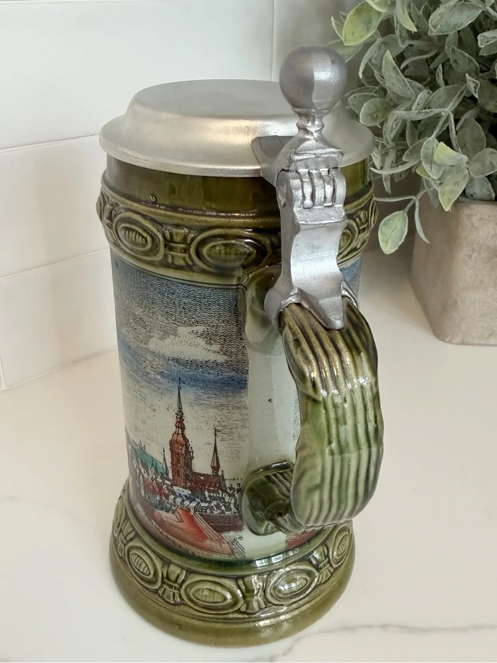 Vintage Western Germany Beer Stein Pewter Lid Hannover Cityscape Ceramic Mug